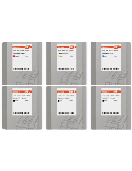PFI-102 et PFI-104M Pack de 6 cartouches Compatibles Canon 130ml