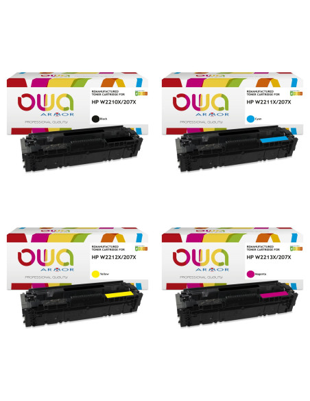 Pack 4 toners OWA Armor compatibles HP 207X haute capacité pour Color LaserJet Pro M255 et MFP M282, M283