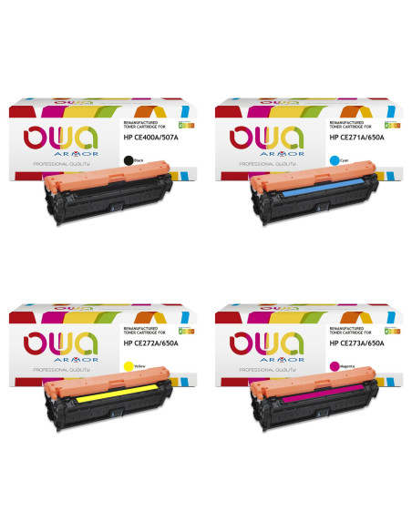 Pack 4 toners OWA Armor compatibles HP 650A pour Color LaserJet CP5525 et Enterprise M750