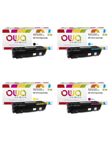 Pack 4 toners OWA Armor compatibles HP 410A pour Color LaserJet Pro M452, MFP M377 et MFP M477
