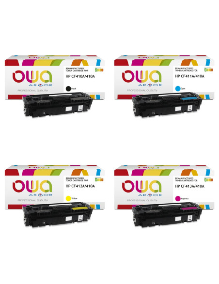 Pack 4 toners OWA Armor compatibles HP 410A pour Color LaserJet Pro M452, MFP M377 et MFP M477