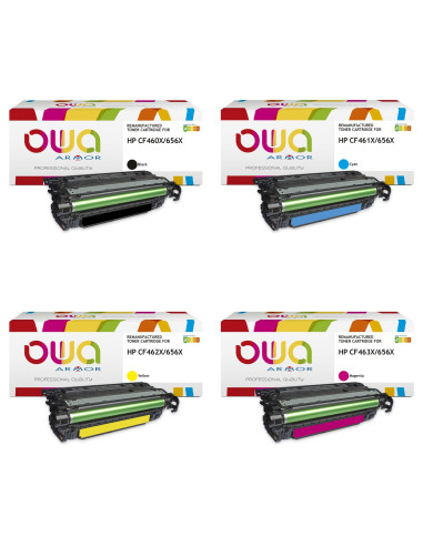 Pack 4 toners OWA Armor compatibles HP 656X haute capacité pour Color LaserJet Enterprise M652 et M653