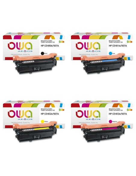 Pack 4 toners OWA Armor compatibles HP 507A pour LaserJet Enterprise 500 color M551 et MFP M575