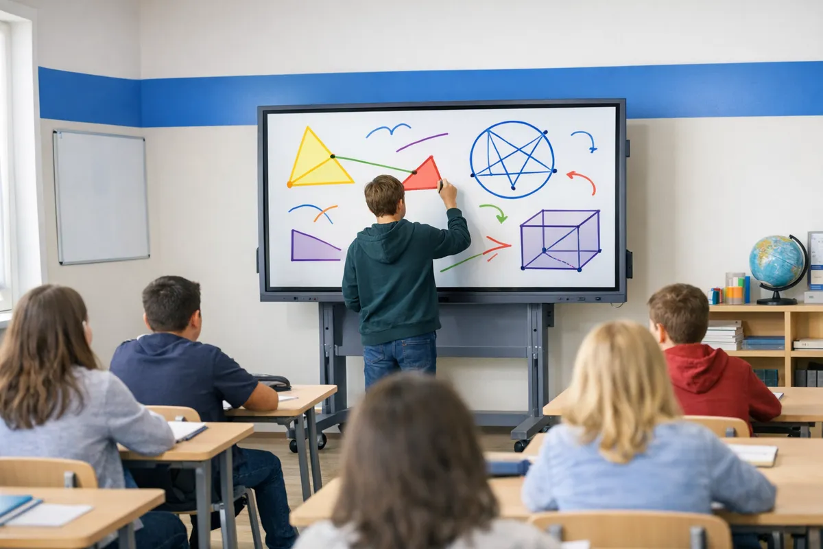 Salle de classe vue du fond : un élève écrit au stylet sur un écran interactif posé sur un pied mobile
