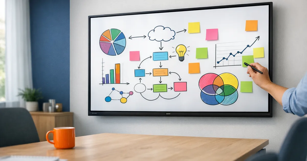 Écran interactif mural dans une salle de réunion, une main écrit au stylet sur un tableau blanc numérique