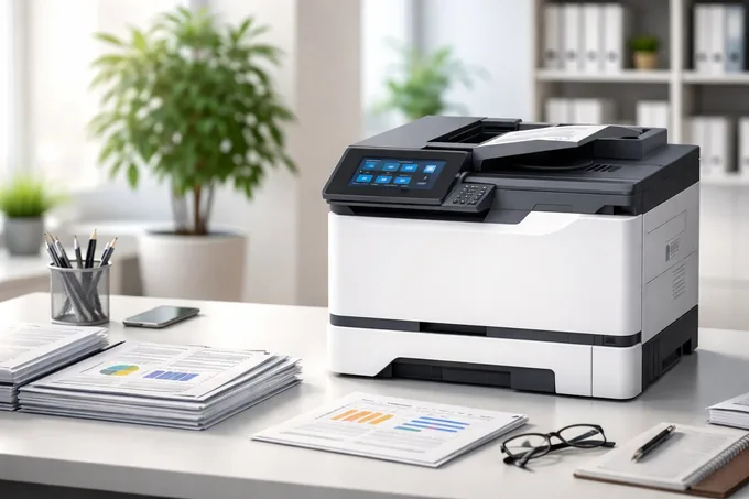 Imprimante laser Lexmark professionnelle sur un bureau de PME moderne