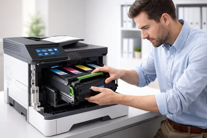 Technicien IT en train d'installer un toner Lexmark dans une imprimante laser professionnelle